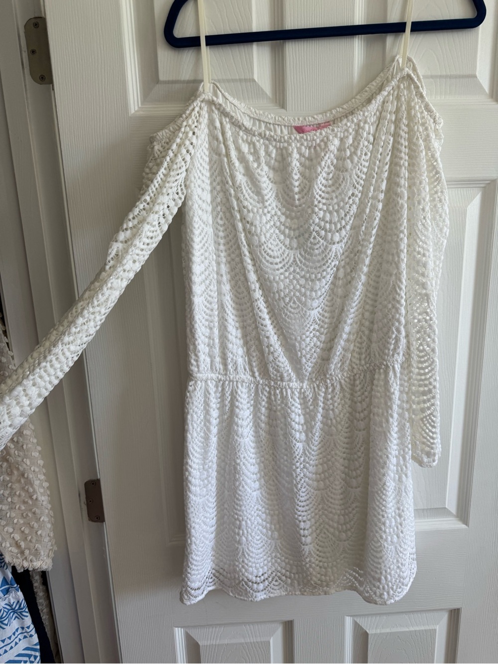 White Crochet Off-Shoulder Mini Dress with shorts
